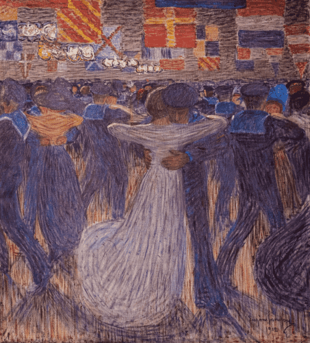 A Symbolist-school scene. A large athletic hall is hosting a Saturday night dance for sailors and their girls. Signal flags hang from the ceiling and the canvas is crowded with sailors dancing with their girls.