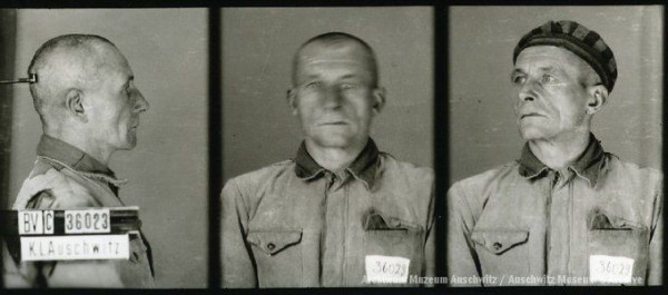 A mugshot registration photograph from Auschwitz. A man with a shaved head wearing a striped uniform photographed in three positions (profile and front with bare head and a photo with a slightly turned head with a hat on). The prisoner number is visible on a marking board on the left.