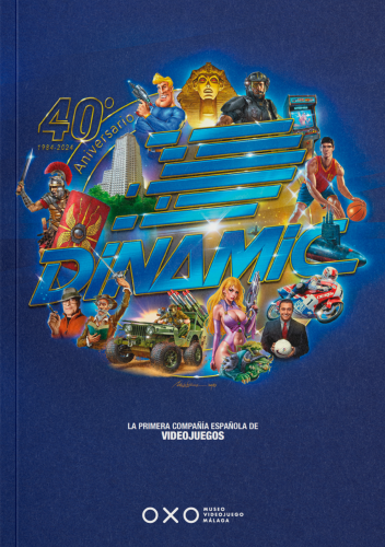 The image is a cover or promotional graphic celebrating the 40th anniversary (1984-2024) of Dinamic, which is described as "La primera compañía española de videojuegos," translating to "The first Spanish video game company." The cover features a montage of characters and themes from various video games, reflecting the diversity of titles and genres that Dinamic may have been involved with throughout its history.

At the center of the image is the logo for Dinamic, with the number "40º Aniversario" prominently displayed above it, indicating the milestone celebration. Surrounding the logo are various characters and scenes: a gladiator, a blonde woman with futuristic attire and a weapon, a man who seems to be an adventurer with a whip, a soldier or SWAT member, an arcade machine, a motorcyclist, and a basketball player, among others. These images likely represent different video games or genres that Dinamic has produced or published.