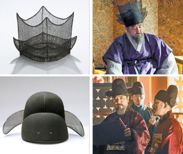 Examples of traditional Korean hats in ornate winged and peaked shapes. They are made of an open translucent mesh of horsehair and bamboo, dyed black.