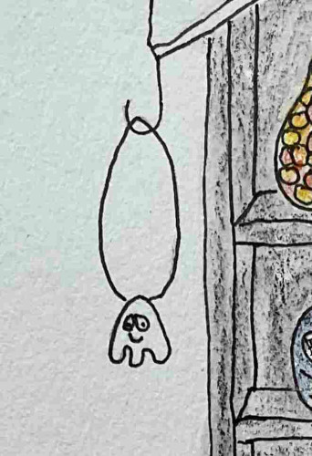 Drawing of a simplified, ghost-like figure hanging from a string.
