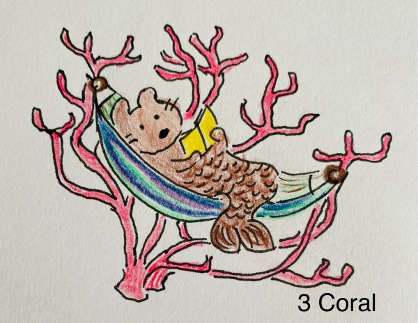 Alttext: Drawing of a Mercat lying in a Hammock tied to pink coral branches. It’s reading a yellow book.
AutoAlt: Hand-drawn image of a cartoon beaver lying in a hammock tied to pink coral branches, with "3 Coral" text below.