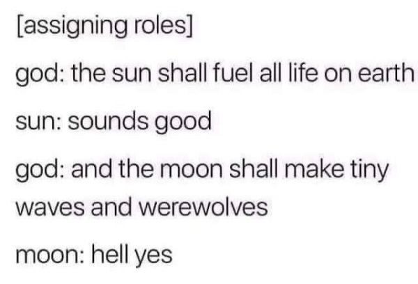 [assigning roles] god: the sun shall fuel all life on earth sun: sounds good god: and the moon shall make tiny waves and werewolves moon: hell yes
