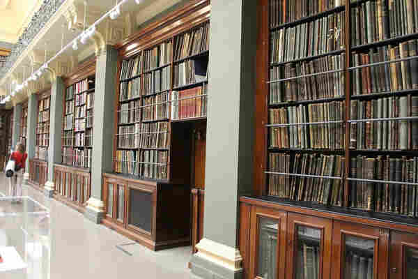 Bookcases in Room 76, Victoria and Albert Museum, London.