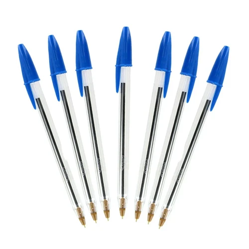 A photo of 7 Bic pens with blue caps and transparent hexagonal bodies