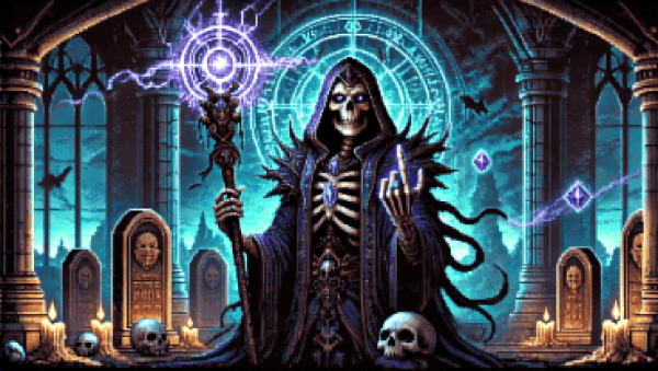 a robed skeleton in a purple robe beckoning with a finger with a blue-jewelled ring on it.   He holds a staff emitting a ball of purple lightning, in the sky behind there is a large circular arcane symbols as if part of the spell.