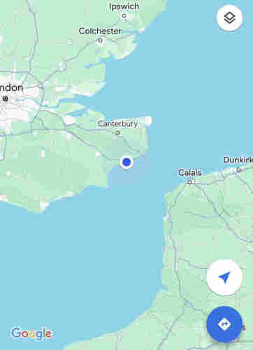 Screenshot from Google maps showing the location of the train at the very edge of the UK, ready to plunge into the channel tunnel. 