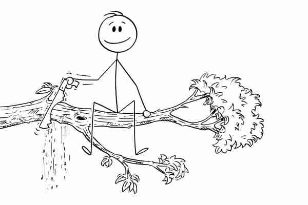 Cartoon drawing of a man sitting at the end of a branch and smiling as he saws it off.