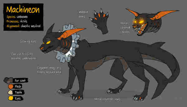 Reference sheet depicting a creature with feline and shark features, dark fur and orange ears and nose. A big cogwheel is floating around its neck and it has canine teeth and claws covered in metal.

Name: Machineon
Species: unknown
Pronouns: it/its
Alignment: chaotic neutral
Glowing eyes
Can use frills to breathe underwater
Cogwheel magicaly floats around neck
Webbed paws
Metal-covered canines
Metal-covered claws