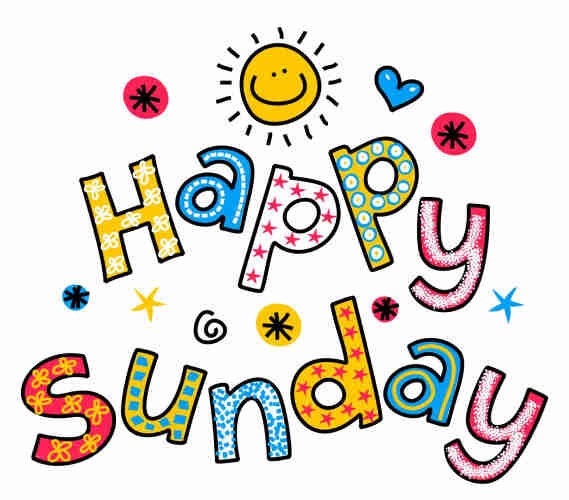 An image that says Happy Sunday and each letter is a different color with a different pattern inside the letter. There is also a smiley face sun at the top with other miscellaneous images around it.