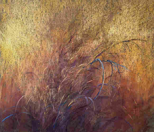 An abstract-ish pastel painting of winter grasses titled "Winter Wisdom"  Yellows and reds are dominant colors. 