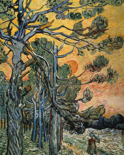 An oil painting of a tree seen up close. It has been well weather shaped, and set against a stormy orangish sky and setting sun.