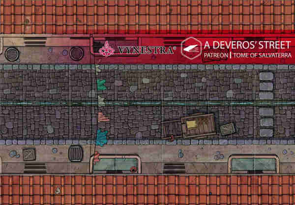 An RPG battle map illustration of a street seen from above.