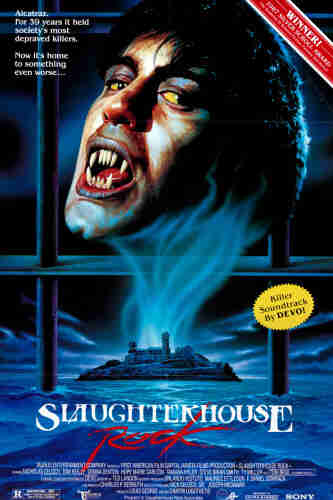 Film poster for Slaughterhouse Rock showing a demonic face above Alcatraz island.