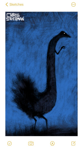 A very tall, J-shaped creature that looks a little like something between a chicken and an ostrich. It has two spindly legs, an explosion of feathers sticking up from the back, and a very tall neck. However, it also has two small arms higher up on its neck. It is mostly a black silhouette framed against a dark blue sky, with one bright white eye visible.