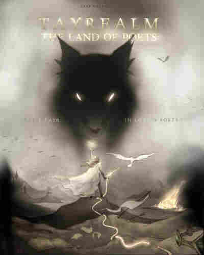 The Taylor-Poet character stands opposing a giant wolf head.
"All's fair in love & poetry"