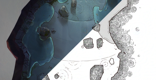 Preview of colour and printer-friendly map. Top-down view of a dark cavern, with pooled water and debris
(protected by Glaze)