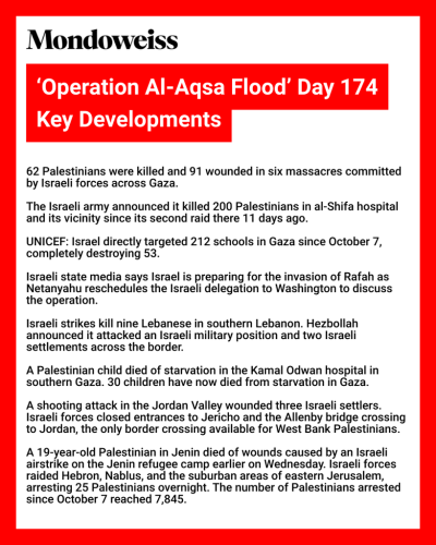 Key Developments on Day 174 of the ‘Operation Al-Aqsa Flood’ war in Gaza.