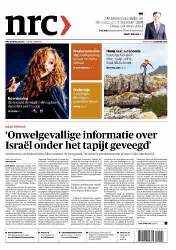 Front page of NRC newspaper with headlines and a report on Israel.