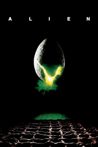 The promo image for Alien without the bottom text. Large white Alien text at top, glowing greenish yellow egg in the middle, and texture at the bottom. 