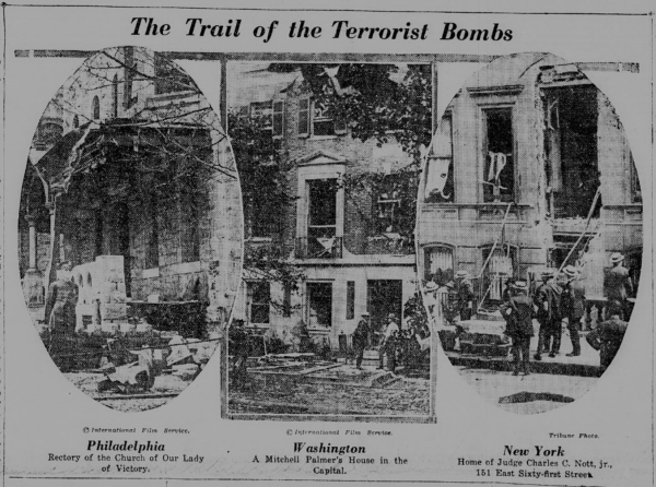 June 4, 1919, New-York Tribune coverage of the bombings, showing damage in Philadelphia,  Washington, D.C., and New York. By New-York Tribune - New-York Tribune., June 04, 1919, Image 1, Public Domain, https://commons.wikimedia.org/w/index.php?curid=79430117