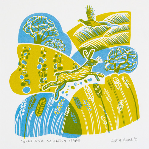 A blue and yellow screenprint of a hare leaping across fields. In the background are a pheasant, fields, trees, pebbles and wheat.