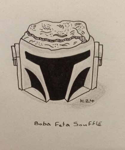 Drawing of Boba Fett's helmet with the top missing and a soufflé coming out of it as if the helmet is a bowl