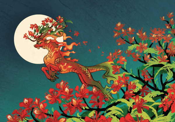 A digital drawing of a red and green kirin leaping from the branches of a flowering royal poinciana tree