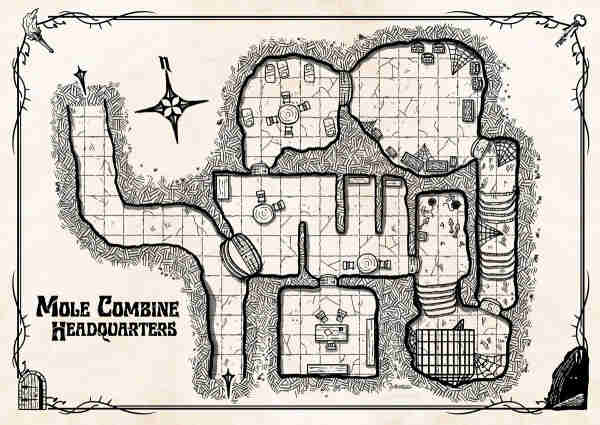 dungeon map depicting some rooms behind big double doors with barracks, a prison and an office.