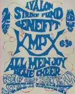Benefit poster for the KMPX strike, in blue lettering. Reads: Avalon strike fund benefit KMPX. All Men Joy. Blue Cheer.