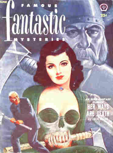 In the background, a Viking holding an axe; in the centre a woman seen waist up whose dress and hands, held in front of her carrying a similar axe, form the illusion of a skull. In front of both these, an anguished looking man carrying the same axe.
Famous Fantastic Mysteries magazine cover from 1952.

Famous Fantastic Mysteries vol. 13, no. 4 (1952/06).