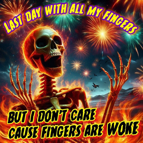 A skeleton surrounded by fireworks and flames, with text above and below it. The top text reads, "Last day with all my fingers," and the bottom text reads, "But I don't care cause fingers are woke."