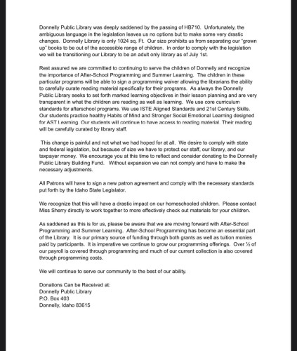 A letter from Donnelly Public Library announcing changes due to the passing of HB710. The library will transition to an adults-only facility from July 1st, and children will still have access to curated reading programs. The library encourages the community to consider