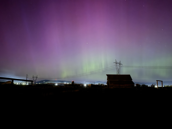 long exposure shot of green and purple aurora streaks above a farm