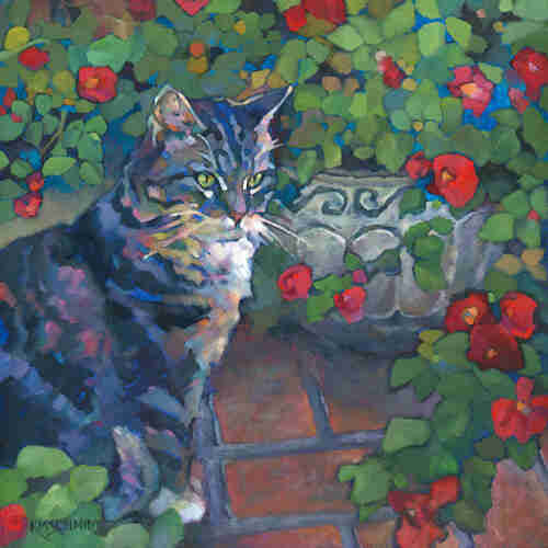 Rather abstract painting of a mainly dark green, dark blue and purple coloured cat, sitting down on brown garden tiles, surrounded by foliage in various shades of green, with red roses in it here and there. 