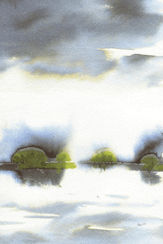 Quiet morning is a landscape painting in vertical format painted with ink by artist Karen Kaspar. Green trees at the shore of a lake and the clouds are reflected in the water.