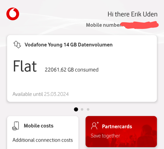 A screenshot of my Vodafone app showing that I've used 22061,62 GB of data this month (through my mobile plan alone).