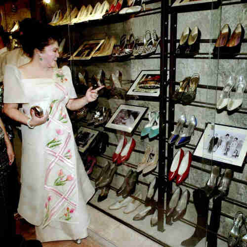 Glass display of Imelda Marcos’s infamous shoe collection. She supposed owned over 3,000 pairs.