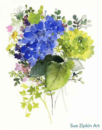 This image features a watercolor hydrangea with a lot of blue and a green hydrangea. There are some mixed flowers and multicolours. It is a bouquet, and it is on a white background.
