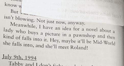 Close-up of a page from the end of Song of Susannah by Stephen King. The text reads 
"Meanwhile, I have an idea for a novel about a lady who buys a picture in a pawnshop and then kind of falls into it. Hey, maybe it'll be Mid-World she falls into, and she'll meet Roland!"