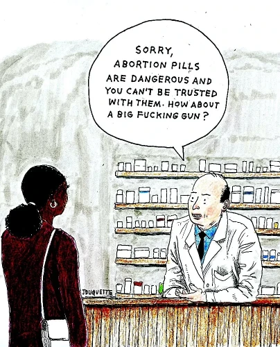 Pictured: a woman at a pharmacy speaking with a pharmacist

Text: Sorry, abortion pills are dangerous and you can't be trusted with them. How about a big fucking gun?