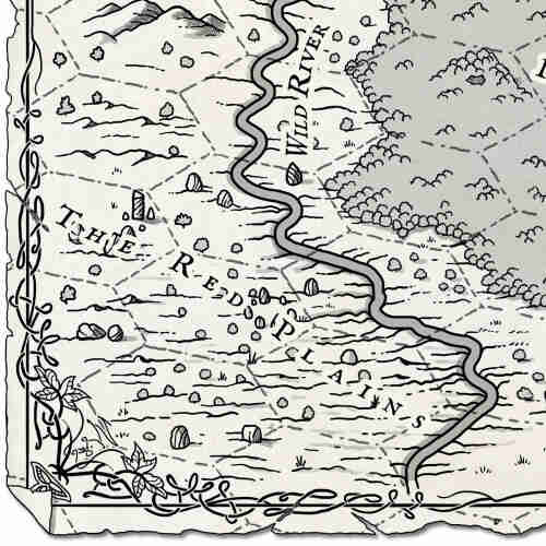 black and white map fragment depicting a rocky plain crossed by a serpentine river.
