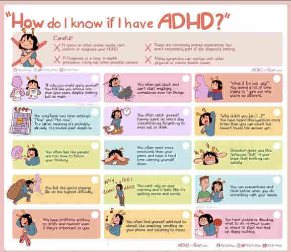 A comic strip that serves as a friendly guide on ADHD-related behaviors, cautioning that it doesn’t replace a professional diagnosis. It illustrates various situations familiar to those with ADHD: difficulty in applying oneself, procrastination even with enjoyable tasks, a skewed perception of time, hyperfocus causing basic needs to be forgotten, impatience with others’ thought processes, self-doubt about laziness, heightened emotional responses, a relentless boredom that’s hard to satisfy, feeling like life is on hard mode, frustration with memory issues, better focus with hands-on activities, challenges in maintaining routines, a pull towards constant stimuli, and indecisiveness leading to inaction. The comic uses warm, relatable visuals to evoke understanding and empathy, with a reminder that these shared experiences are part of a broader diagnostic picture.