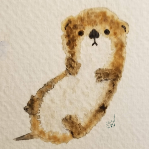 Watercolor of an adorable otter floating on the ocean, thinking about life.