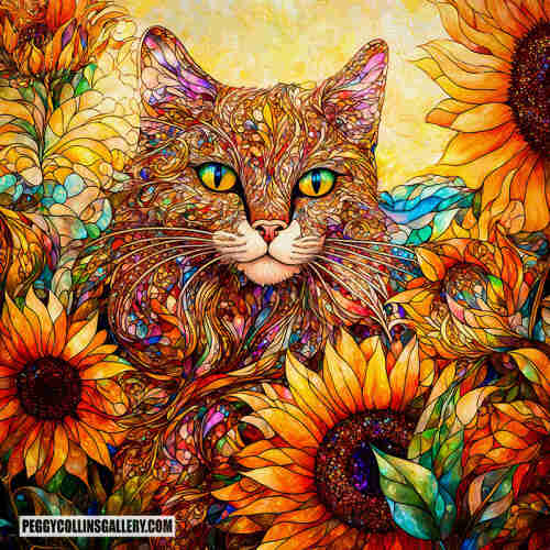 Colorful artwork of a ginger cat sitting in a garden of sunflowers, by artist Peggy Collins.