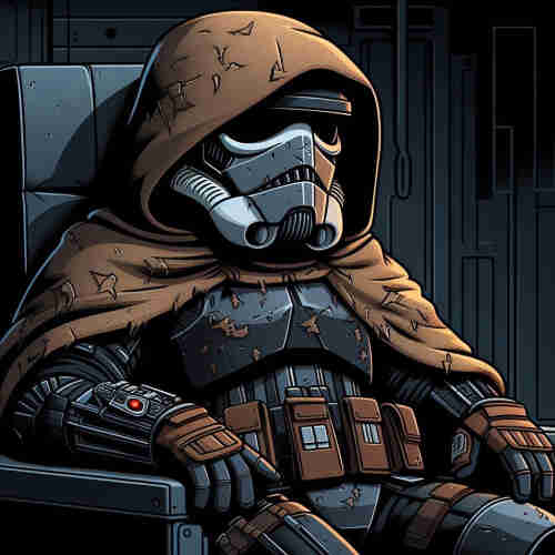 AI image created in Bing features Thane in a cartoonish, CalArts-inspired aesthetic. He is seated, exuding a contemplative air, draped in a cloak that signifies his transition from an imperial soldier to a rogue figure. His helmet reflects a life of conflict, symbolizing the inner turmoil of a character caught between different worlds.