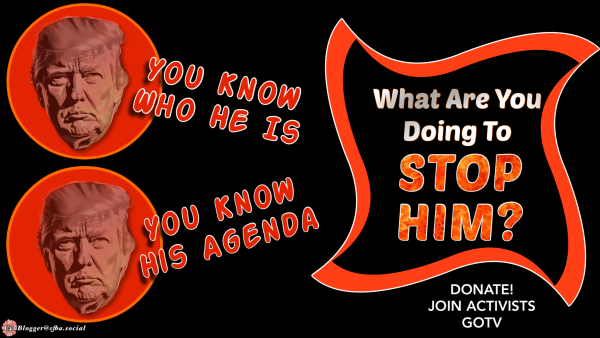 Meme: black background.  Trump’s face twice encircled in orange. Text reads, “YOU KNOW WHO HE IS. YOU KNOW HIS AGENDA.”  In a graphic geometrically skewed squarish shape, text reads, “WHAT ARE YOU DOING TO STOP HIM.”  Smaller text reads, “DONATE!  JOIN ACTIVISTS. #GOTV”