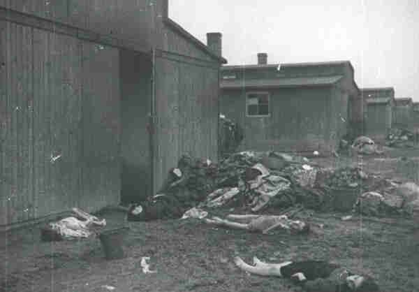 Wooden barracks of the liberated Auschwitz II-Birkenau and a number of corpses of prisoners who had died before the liberation lying in mud, covered in rugs and blankets.