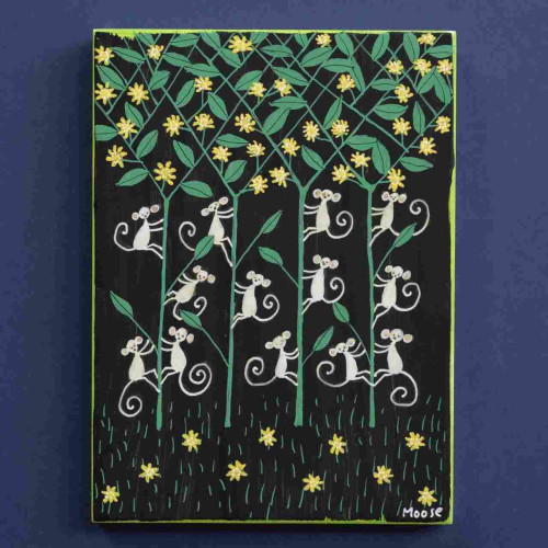 Drawing of flowers with stalks, green and yellow on a black background. Tiny monkeys are clambering up the stalks.