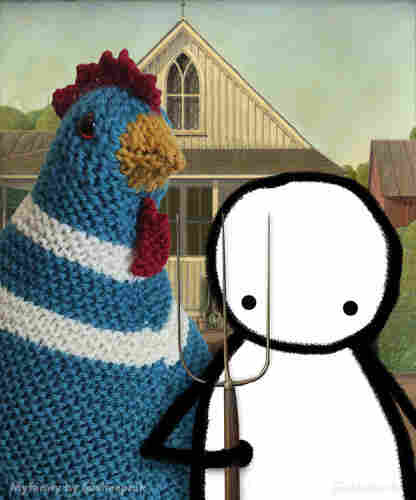 Grant Wood's American Gothic painting but the man and woman have been replaced by a large knitted teal and cream chicken (Myfanwy) and a simple drawn figure (friend). The friend is holding the pitchfork from the original painting. Because the friend is so much shorter than the original man, the painting has been patched in all manner of ways, and although I am happy enough with it I really shouldn't have mentioned it, as it encourages people to look for the flaws.